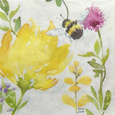 TWO Individual Paper Cocktail Decoupage Napkins - 1954 Summer Floral Bees