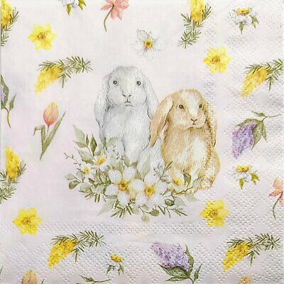 TWO Individual Paper Cocktail Decoupage Napkins - 1938 Floppy Ear Easter Bunnies