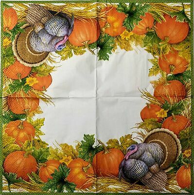 TWO Individual Paper Cocktail Decoupage Napkins-1652 Thanksgiving Turkey Harvest