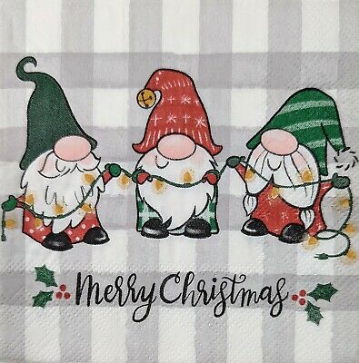 TWO Individual Paper Cocktail Decoupage Napkins - 1675 Christmas Lights Gnomes