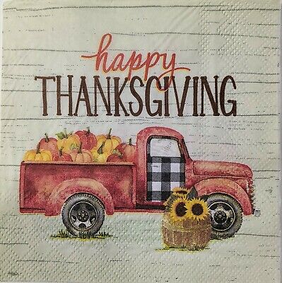 TWO Individual Paper Cocktail Decoupage Napkins - 1564 Thanksgiving Truck