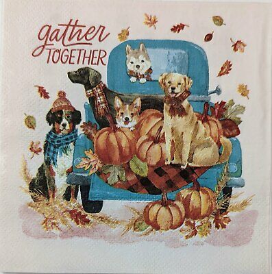 TWO Individual Paper Cocktail Decoupage Napkins - 1664 Truck Harvest with Dogs