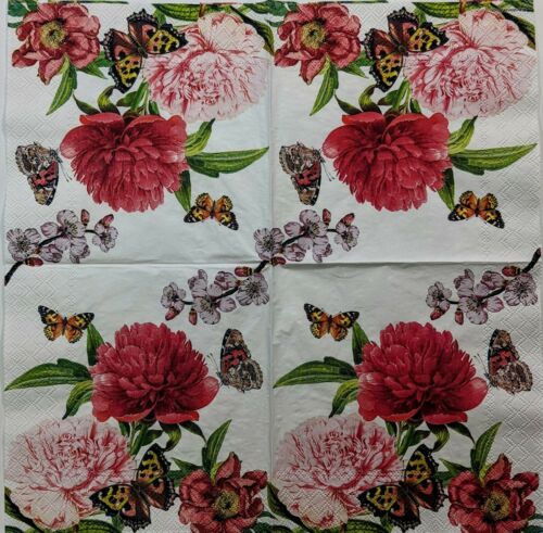 2 Indvidual Paper Lunch Decoupage Napkins - Peoni & Butterflies 1065