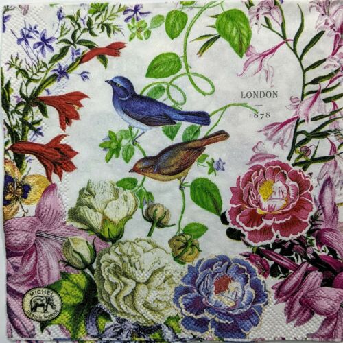 TWO Individual Paper Cocktail Decoupage Napkins- Floral Romance w/ Birds 1154