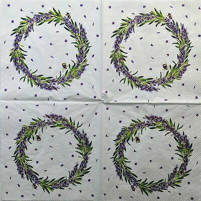 TWO Individual Paper Lunch Decoupage Napkins - 1380 Lavender Wreath w/ Bees