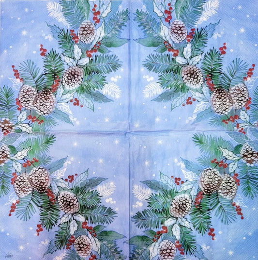 TWO Individual Paper Lunch Decoupage Napkins - 2137 Frosted Pinecones & Berries