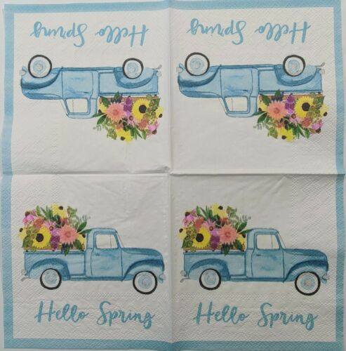 TWO Individual Paper Cocktail Decoupage Napkins - Blue Truck Hello Spring 1189