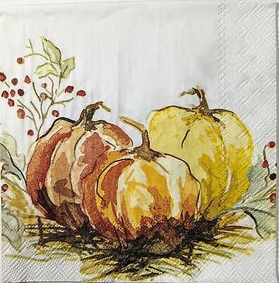 TWO Individual Paper Cocktail Decoupage Napkins - 1573 Fall Stylized Pumpkins