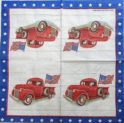 TWO Individual Paper Cocktail Decoupage Napkins - 1997 Red Patriotic Truck