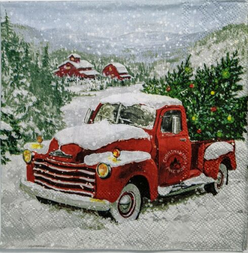 TWO Individual Paper Lunch Decoupage Napkins - Christmas Red Truck 1348