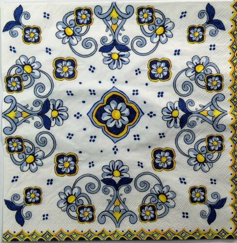 TWO Individual Paper Dinner Decoupage Napkins - Sorento Blue Golden Yellow 1271