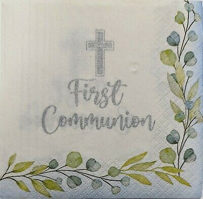 TWO Individual Paper Cocktail Decoupage Napkins - 1917 My First Communion Blue