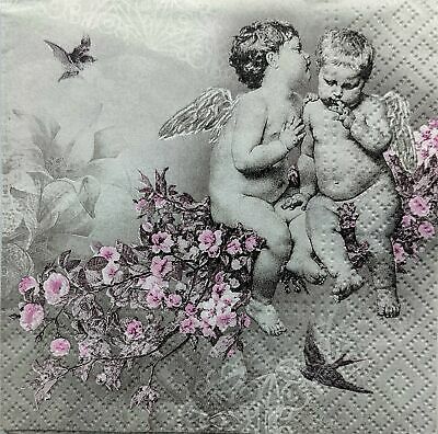 TWO Individual Paper Cocktail Decoupage Napkins - 1412 Cherubs on Blossoms