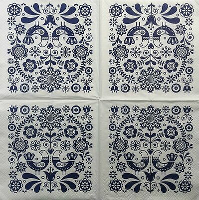 TWO Individual Paper Lunch Decoupage Napkins - 1360 Navy Blue Folk Design Birds