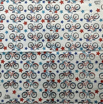 TWO Individual Paper Cocktail Decoupage Napkins - 1403 Red & Blue Stars & Bikes