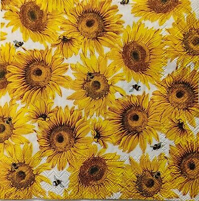 TWO Individual Paper Cocktail Decoupage Napkins - 1554 Sunflowers & Bees