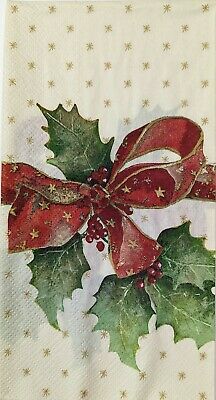 TWO Individual Paper Guest Decoupage Napkins - 1731 Christmas Holly Ribbon