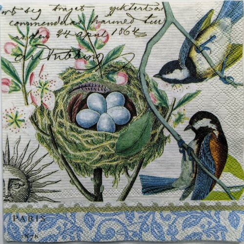 TWO Individual Paper Cocktail Decoupage Napkins- Blue Bird Nest 1155