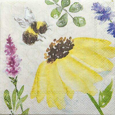 TWO Individual Paper Cocktail Decoupage Napkins - 1954 Summer Floral Bees