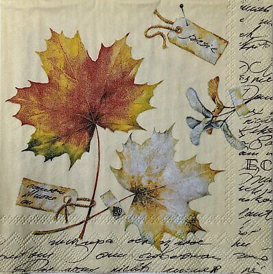 TWO Individual Paper Cocktail Decoupage Napkins - 1555 Maple Leaves w/ Script