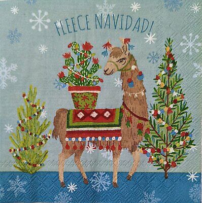 TWO Individual Paper Cocktail Decoupage Napkins - 1771 "Fleece Navidad" Llama