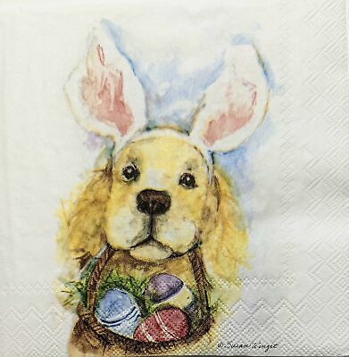 TWO Individual Paper Cocktail Decoupage Napkins - 1858 Bunny Ears Dog