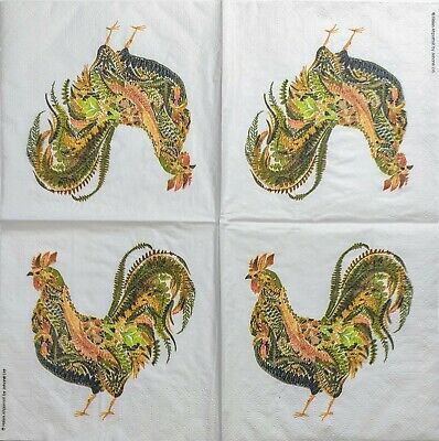 TWO Individual Paper Cocktail Decoupage Napkins - 1940 Colorful Rooster