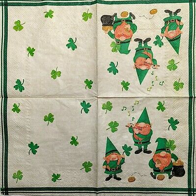 TWO Individual Paper Cocktail Decoupage Napkins- 1788 St Patty's Shamrock Gnomes