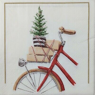 TWO Individual Paper Cocktail Decoupage Napkins - 1680 Christmas Tree Bicycle