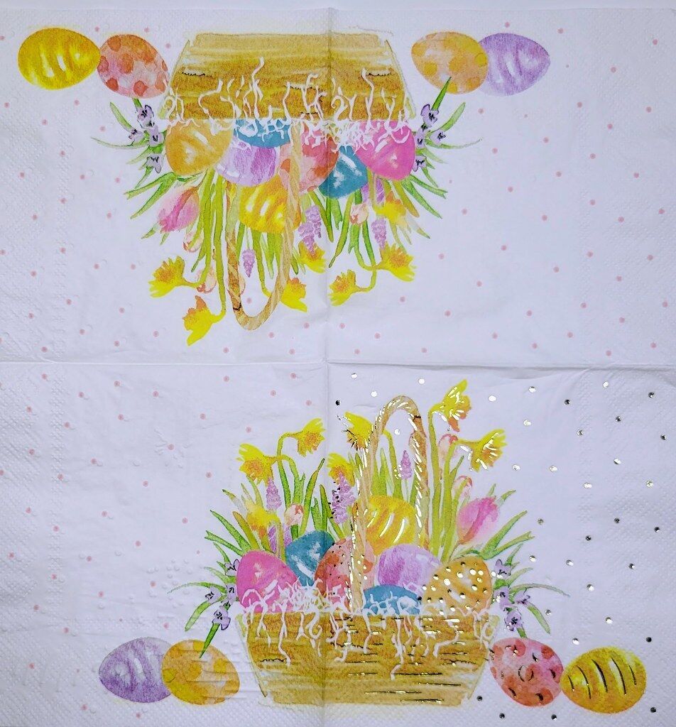 TWO Individual Paper Cocktail Decoupage Napkins - 2348 Foiled Easter Basket