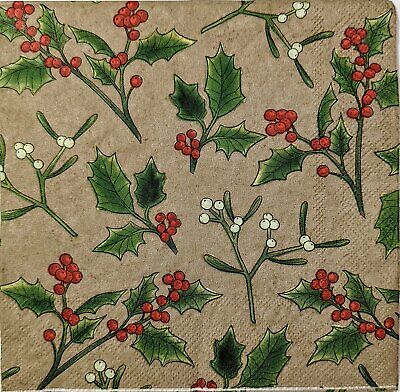 TWO Individual Paper Lunch Decoupage Napkins - 1662 Beige Christmas Holly