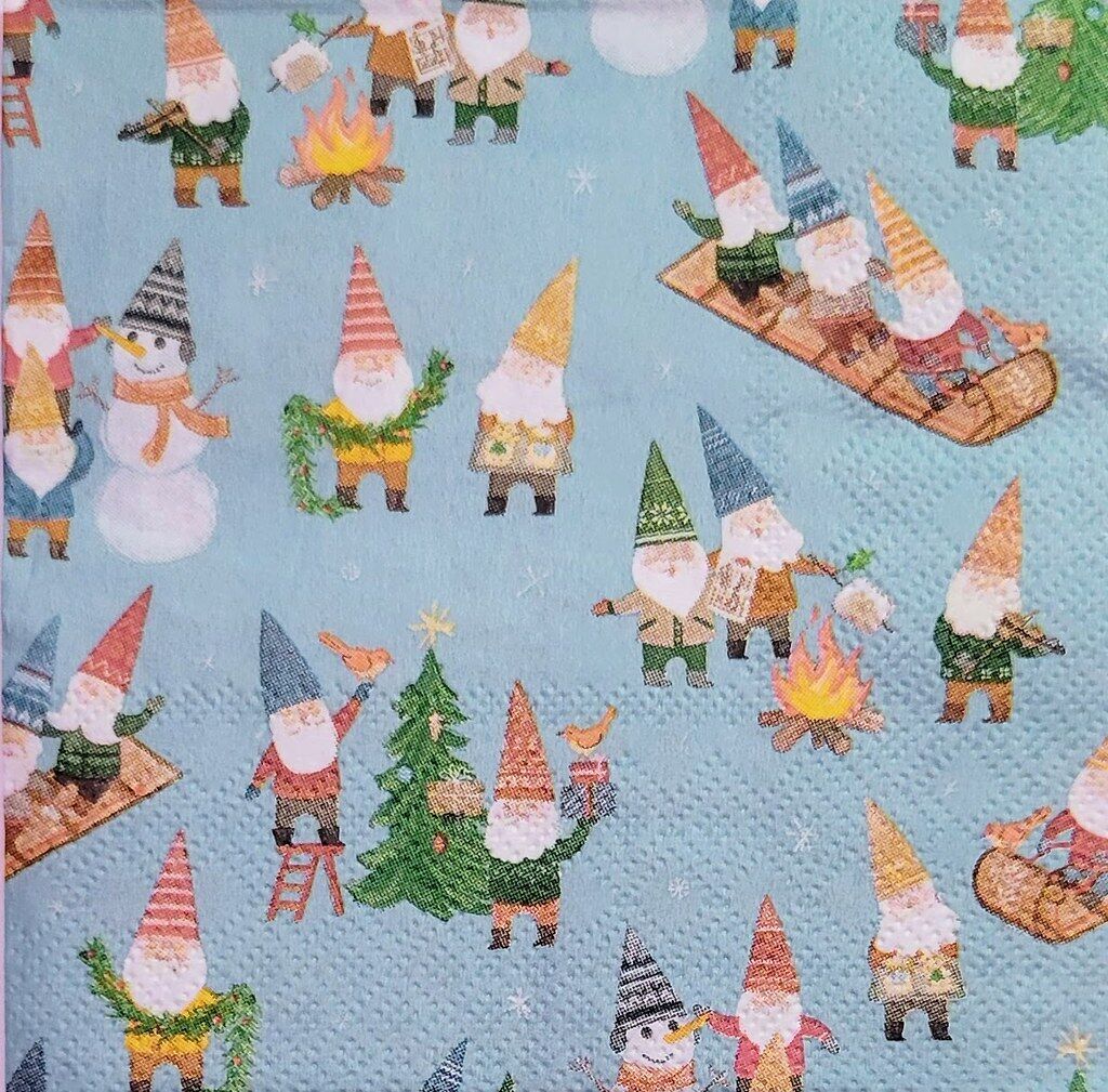 TWO Individual Paper Cocktail Decoupage Napkins - 2231 Christmas Gnomes