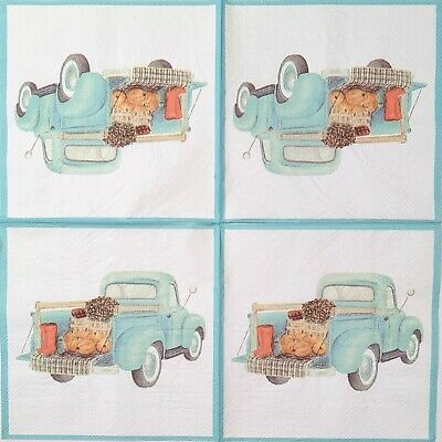 TWO Individual Paper Lunch Decoupage Napkins - 1713 Teal Autumn Truck