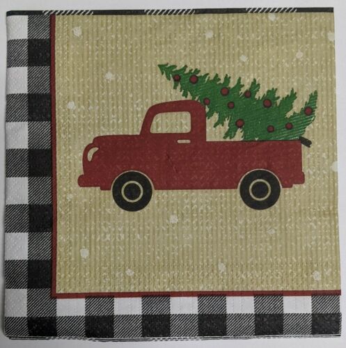 TWO Individual Paper Lunch Decoupage Napkins-Red Truck Christmas Tree Check 1086