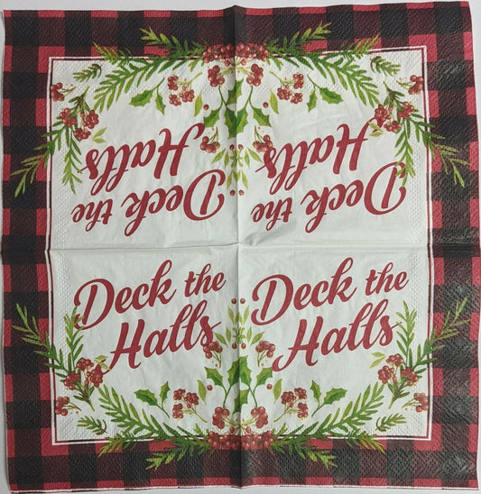 2 Individual Paper Cocktail Decoupage Napkins - Deck the Halls Checkerboard 1080