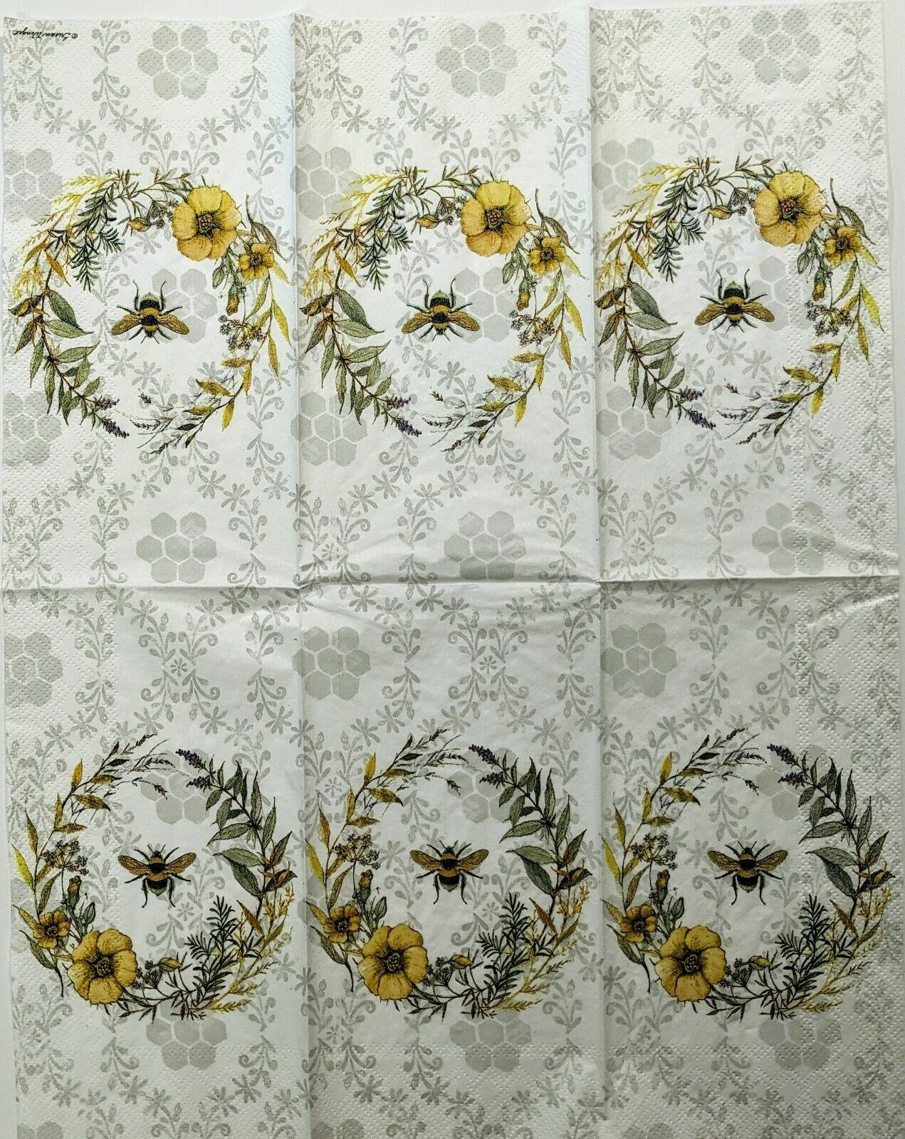 TWO Individual Paper Guest Decoupage Napkins - Bee Wildflower Wreath 1299