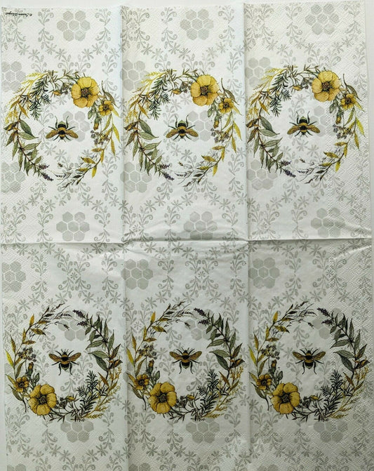 TWO Individual Paper Guest Decoupage Napkins - Bee Wildflower Wreath 1299