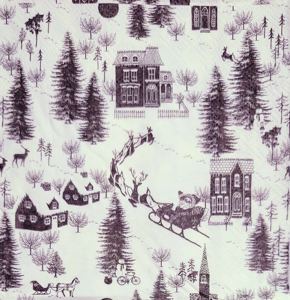 TWO Individual Paper Cocktail Decoupage Napkins- 2216 Xmas Village Black & White