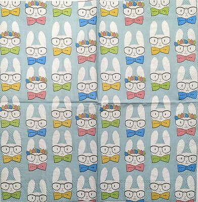 TWO Individual Paper Cocktail Decoupage Napkins - 1887 Bunnies w Glasses & Ties